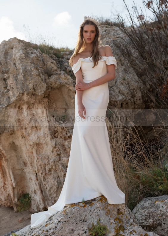 Off Shoulder Ivory Satin Wedding Dress With Beaded Belt